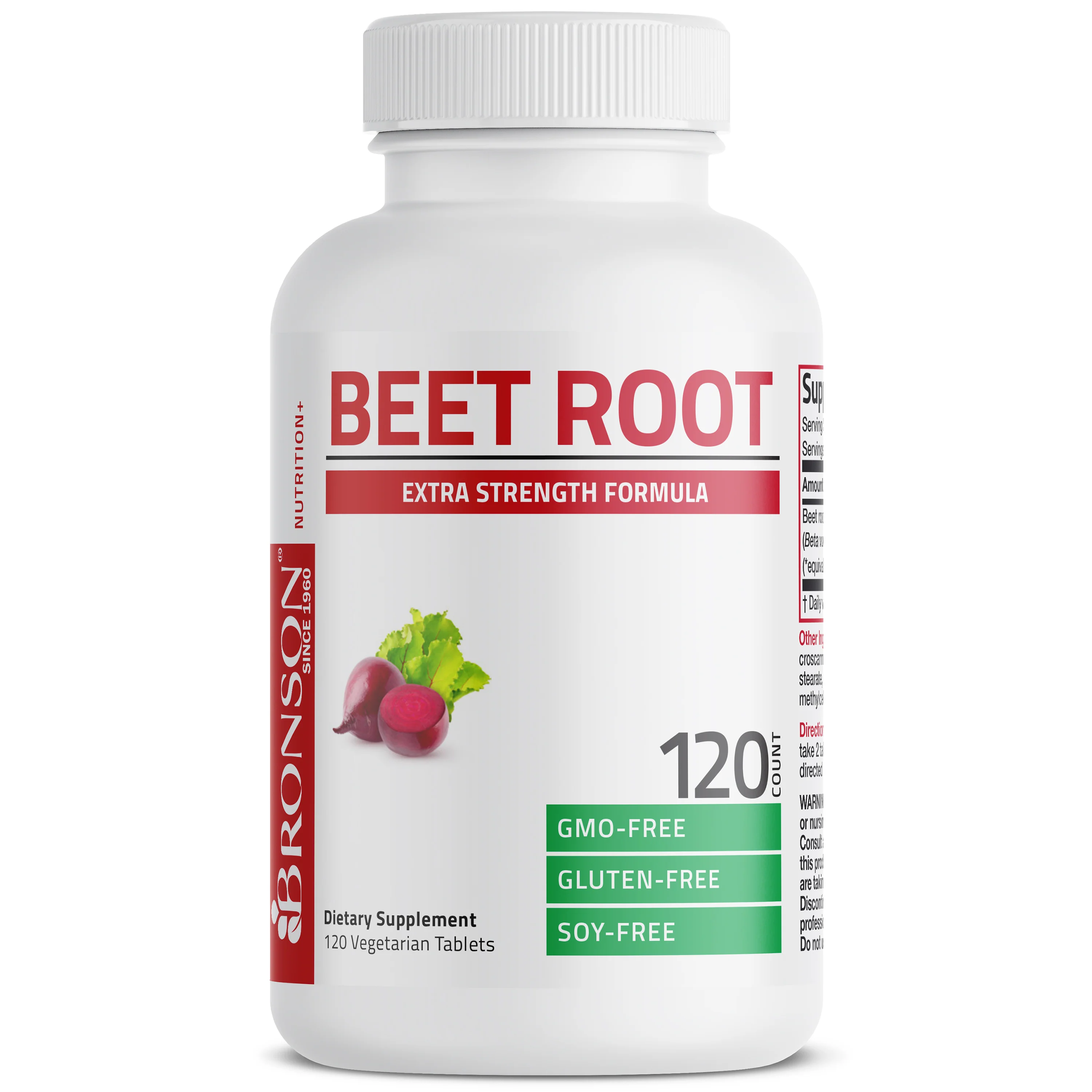 Beet Root: White bottle, white cap, red/green label; beet illustration; Bronson branding; 120 capsules.